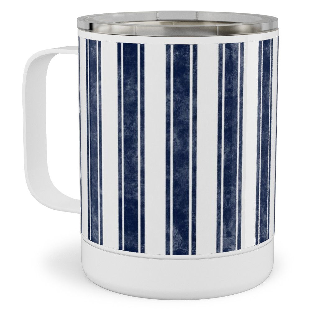Vertical French Ticking Textured Pinstripes in Dark Midnight Navy and White Stainless Steel Mug, 10oz, Blue