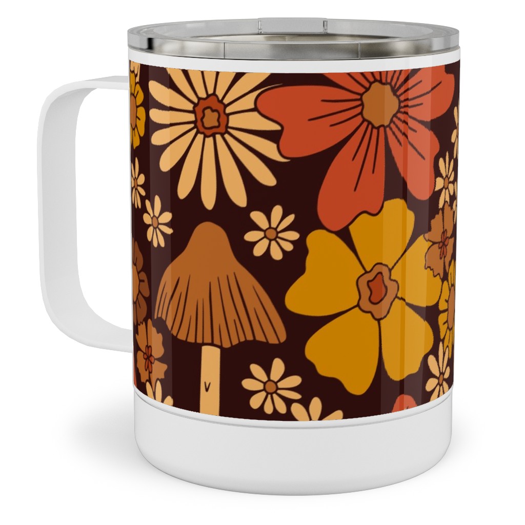 Retro 1970s Mushroom & Flowers - Brown and Orange Stainless Steel Mug, 10oz, Orange, Orange