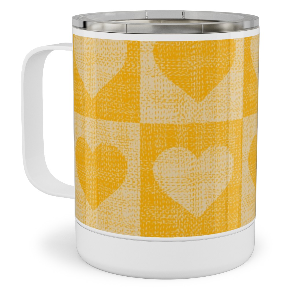 Love Hearts Check - Yellow Stainless Steel Mug, 10oz, Yellow