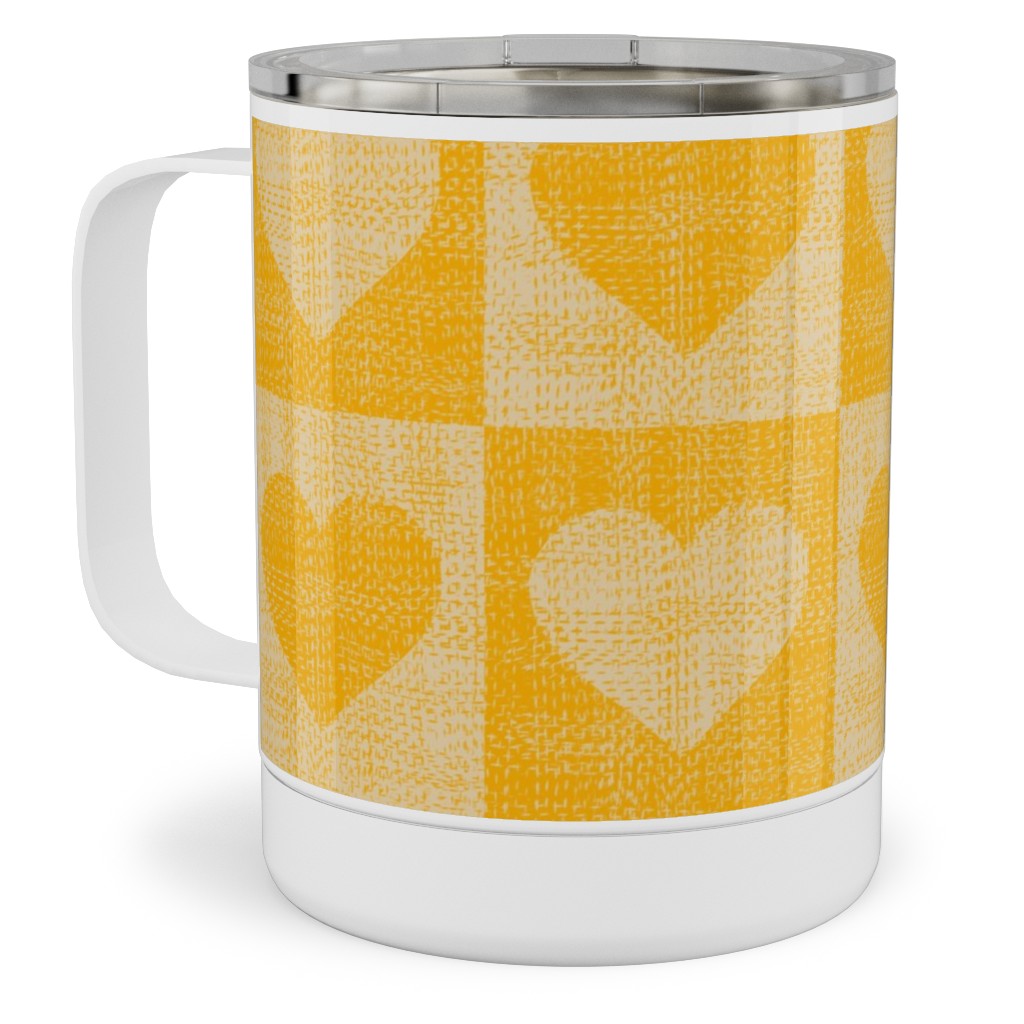 Love Hearts Check - Yellow Stainless Steel Mug, 10oz, Yellow, Classic Yellow