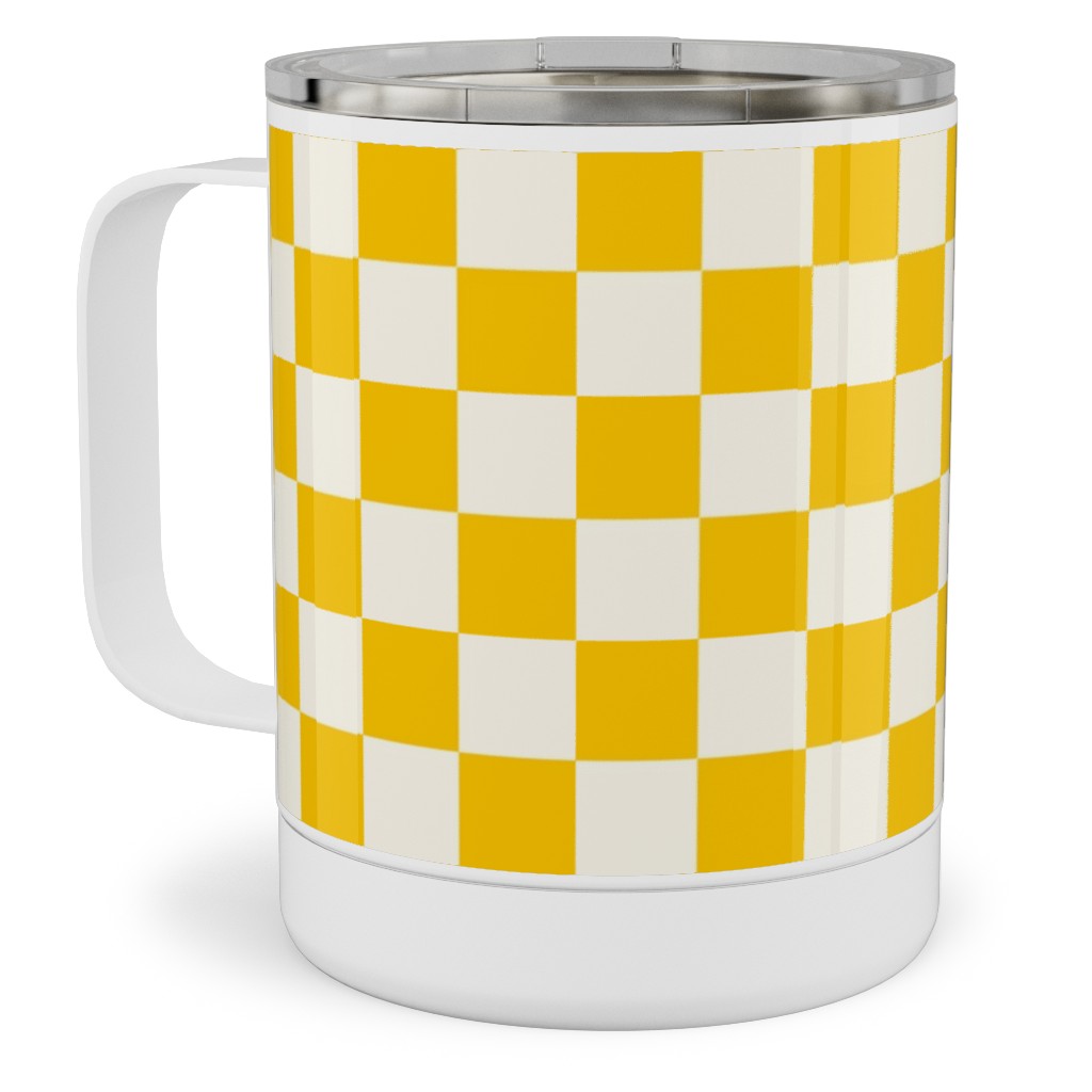 Checkered Pattern - Yellow Stainless Steel Mug, 10oz, Yellow, Classic Yellow