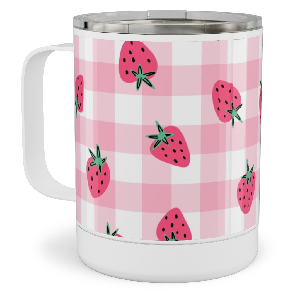 Summer Strawberry Gingham - Pink Stainless Steel Mug, 10oz, Pink
