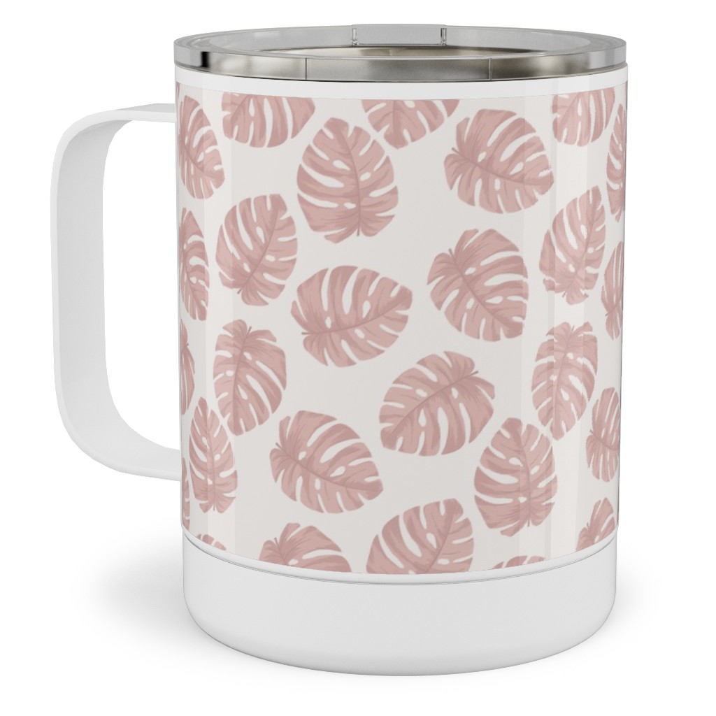Boho Monstera Leaf - Light Pink on Off White Stainless Steel Mug, 10oz, Pink, Bright Pink