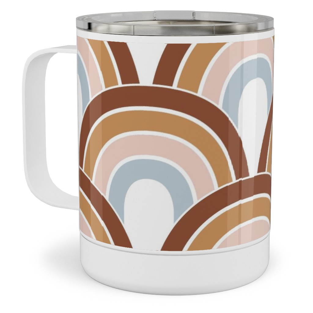 Retro Rainbow Waves - Scales and Curves - Rust Beige Blush Blue on White Stainless Steel Mug, 10oz, Orange, Orange
