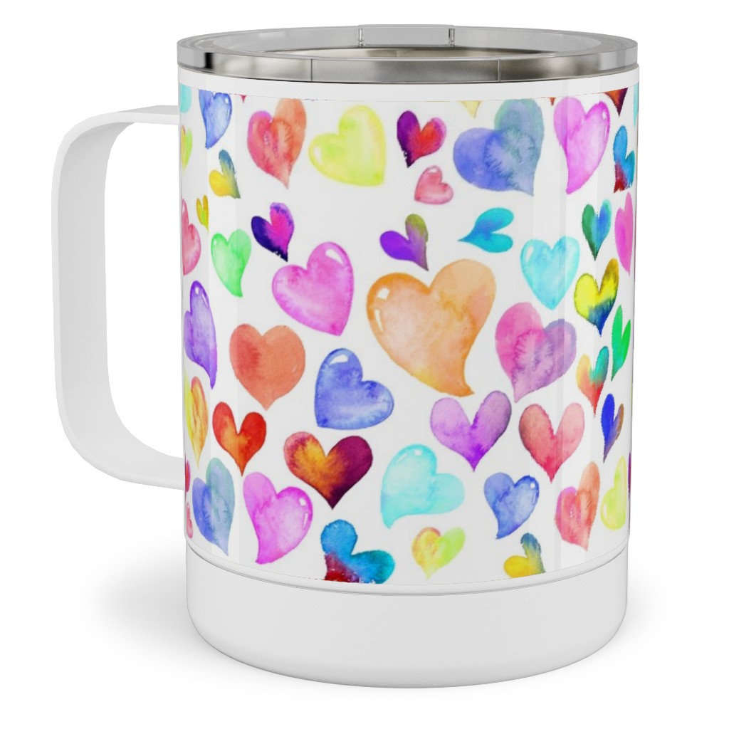 Colorful Watercolor Hearts - Multi on White Stainless Steel Mug, 10oz, Multicolor