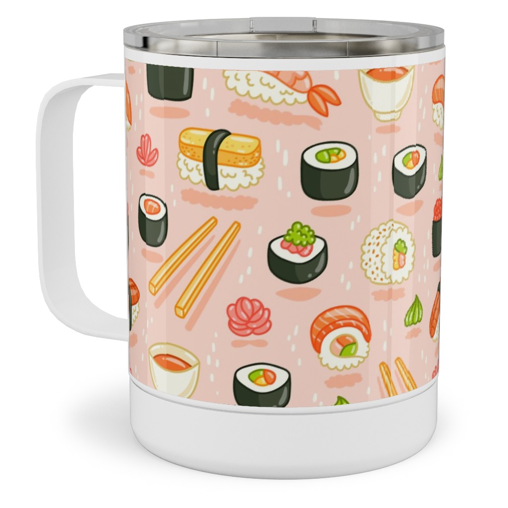 Sushi and Rolls - Pink Stainless Steel Mug, 10oz, Pink, Bright Pink