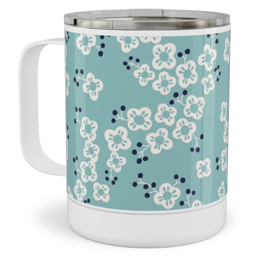 Japanese Blossom - Blue Stainless Steel Mug, 10oz, Blue