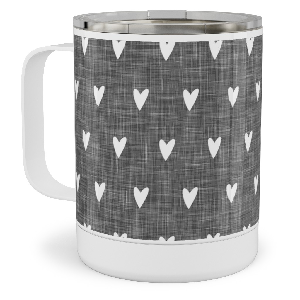 Hearts on Grey Linen Stainless Steel Mug, 10oz, Gray