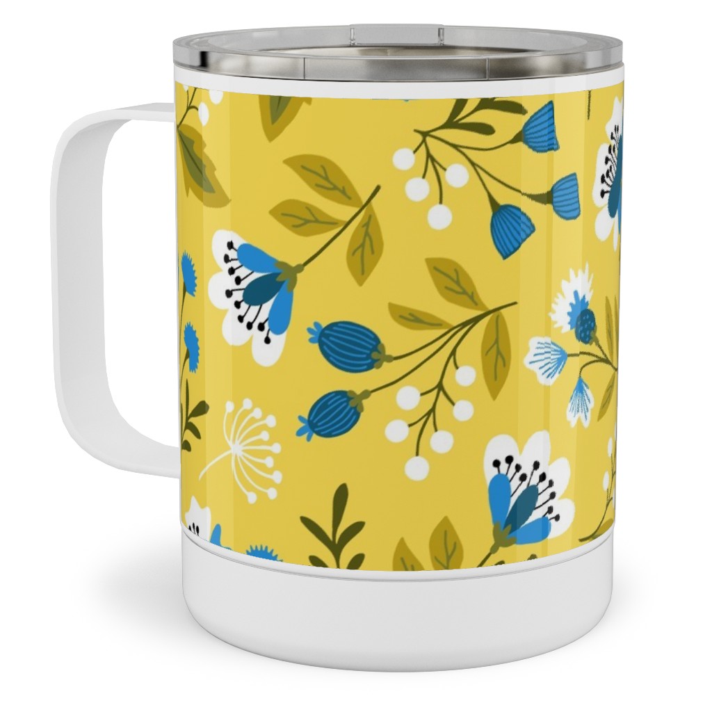 Colorful Spring Flowers - Blue on Yellow Stainless Steel Mug, 10oz, Yellow