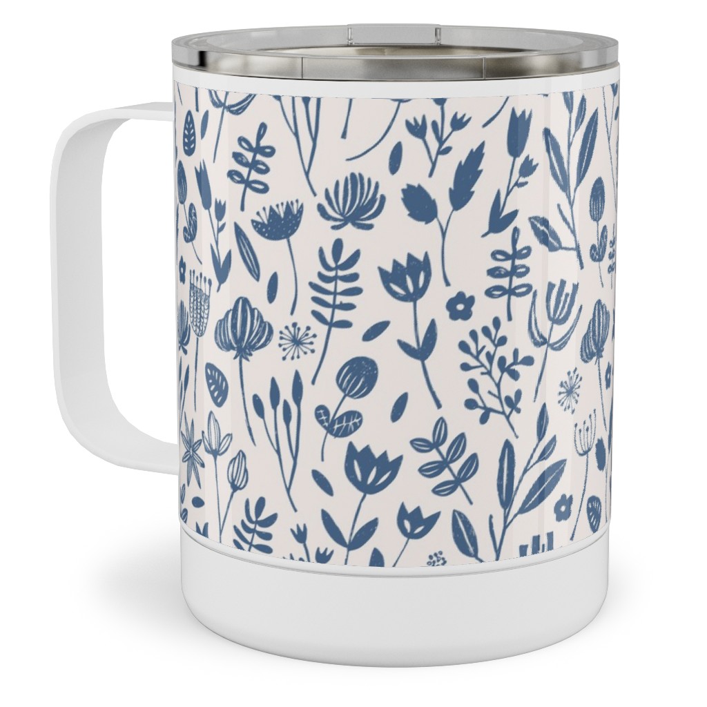 Folk Botanical Print - Blue Stainless Steel Mug, 10oz, Blue
