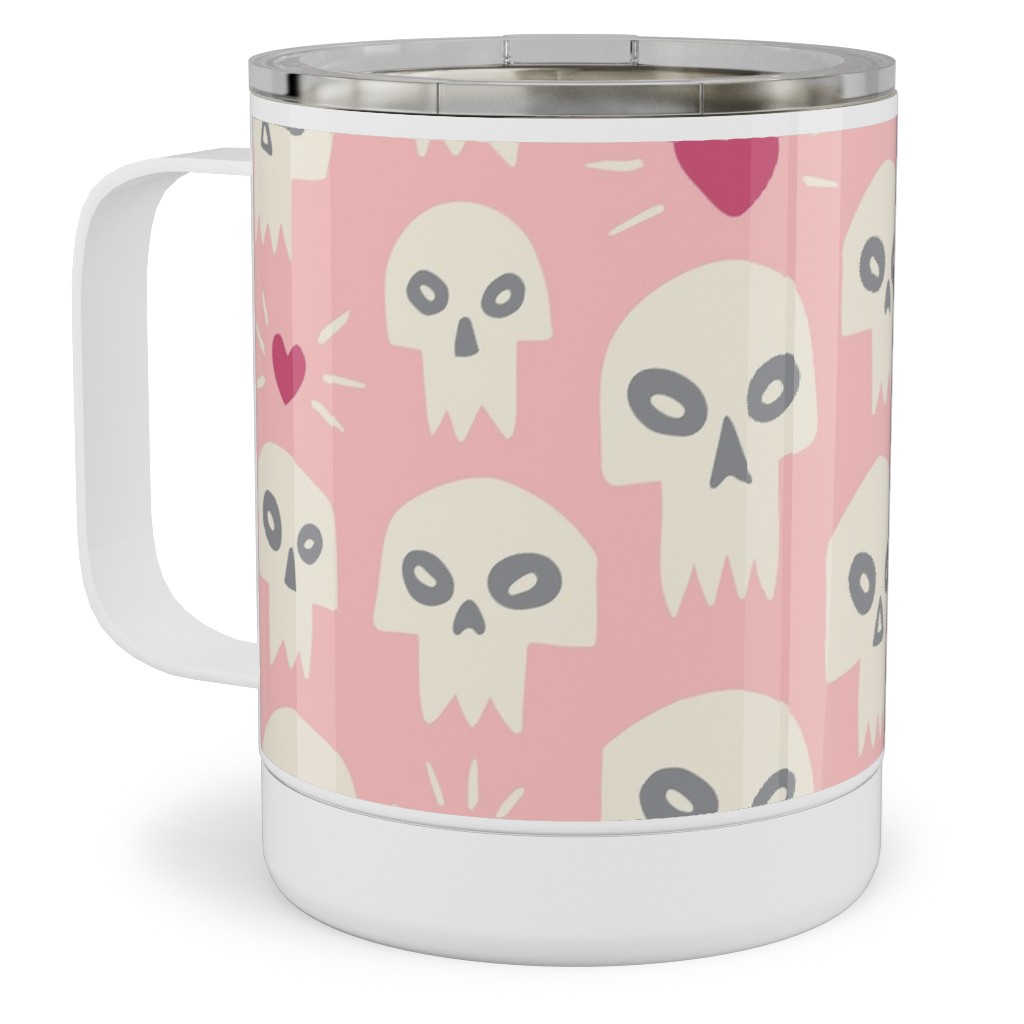 Skulls With Hearts - Pink Stainless Steel Mug, 10oz, Pink, Bright Pink