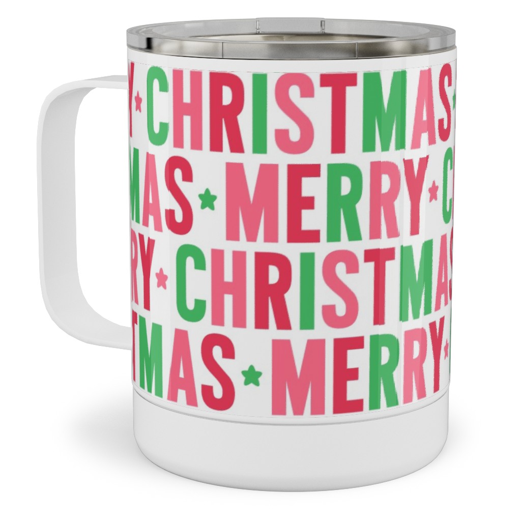 Merry Christmas Uppercase - Green, Pink, Red Stainless Steel Mug, 10oz, Multicolor