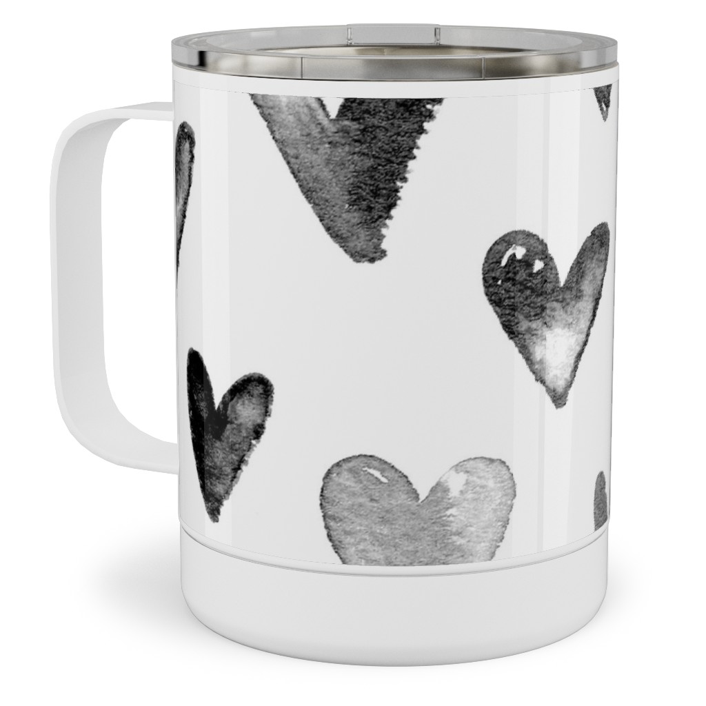 Watercolor Hearts - Black and White Stainless Steel Mug, 10oz, Black, Black