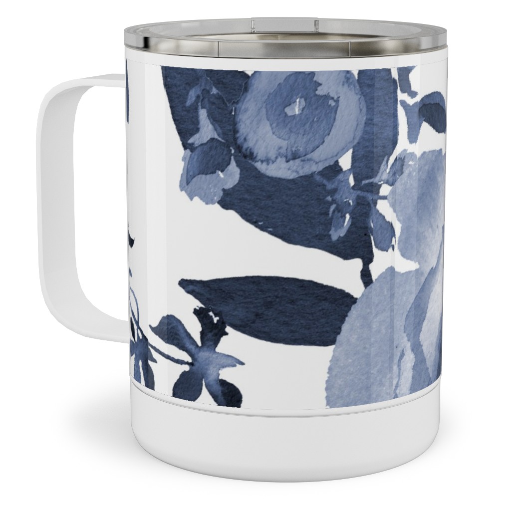Blue and White Florals - Indigo Stainless Steel Mug, 10oz, Blue, True Blue