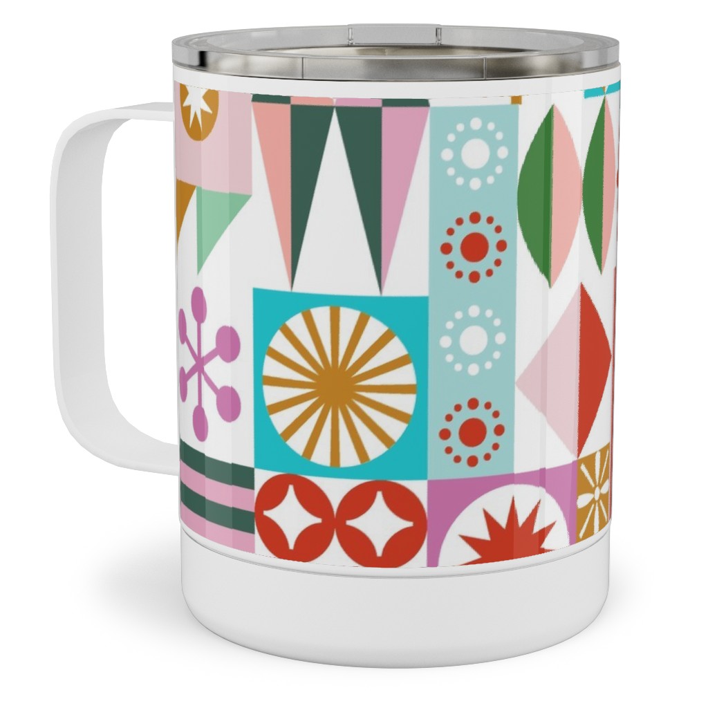 Santa's Workshop Geometric Stars Snowflakes Grid Holiday Stripes - Multi Stainless Steel Mug, 10oz, Multicolor