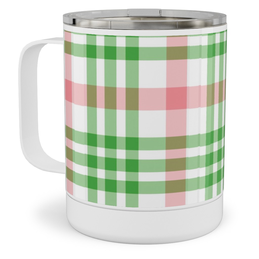 Pink, Green, and White Plaid Stainless Steel Mug, 10oz, Green