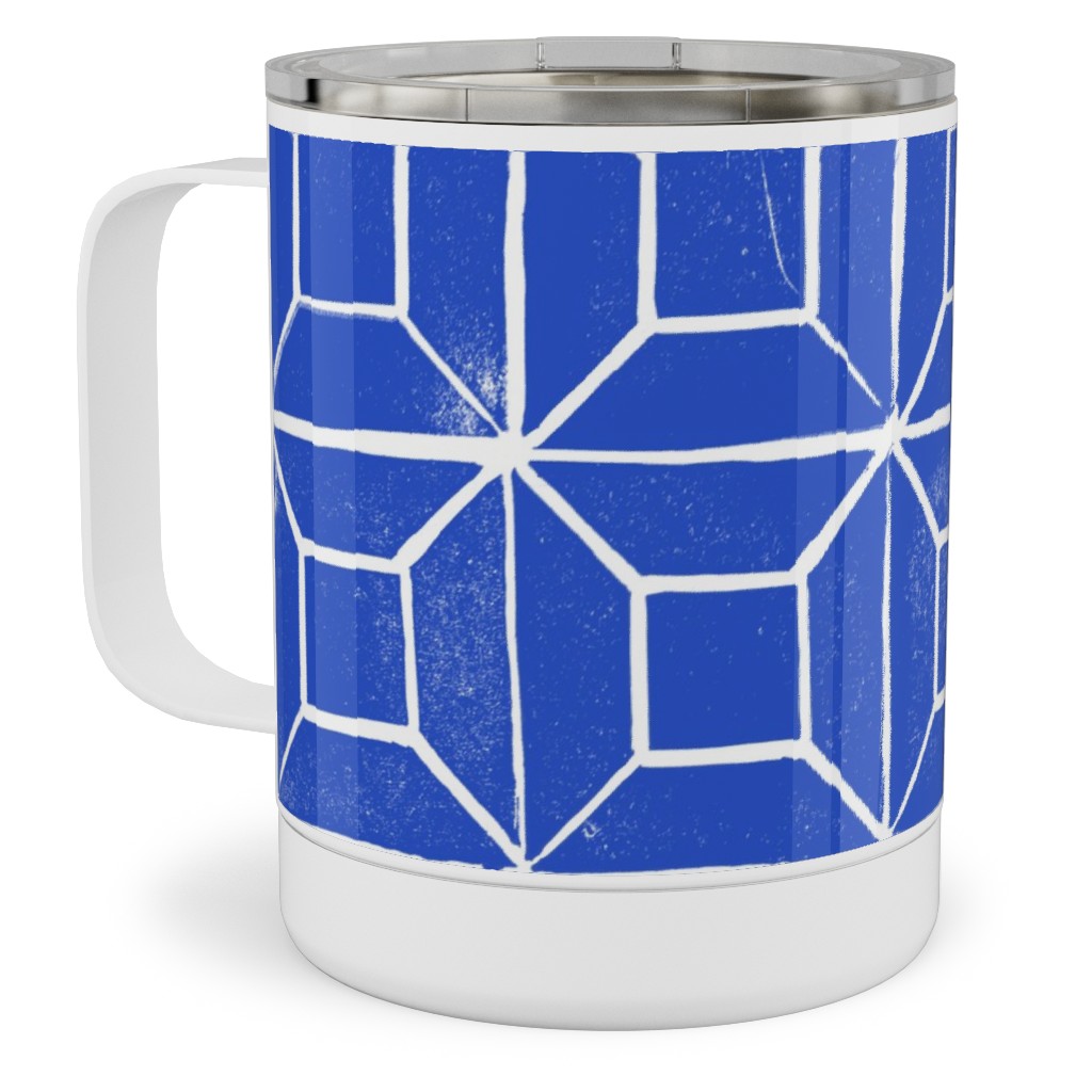 Geometric Lino - Cobalt Stainless Steel Mug, 10oz, Blue