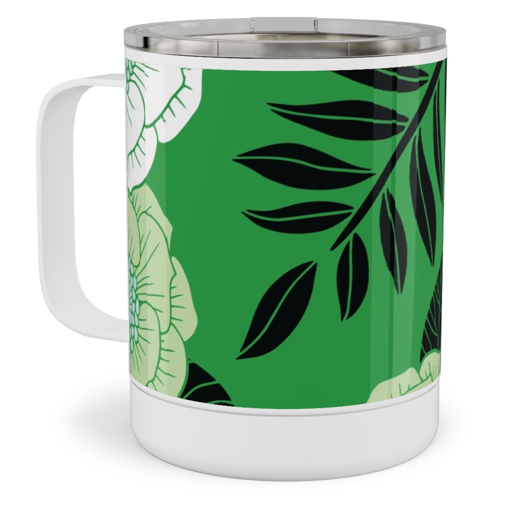 Green, Black & White Floral Pattern Stainless Steel Mug, 10oz, Green