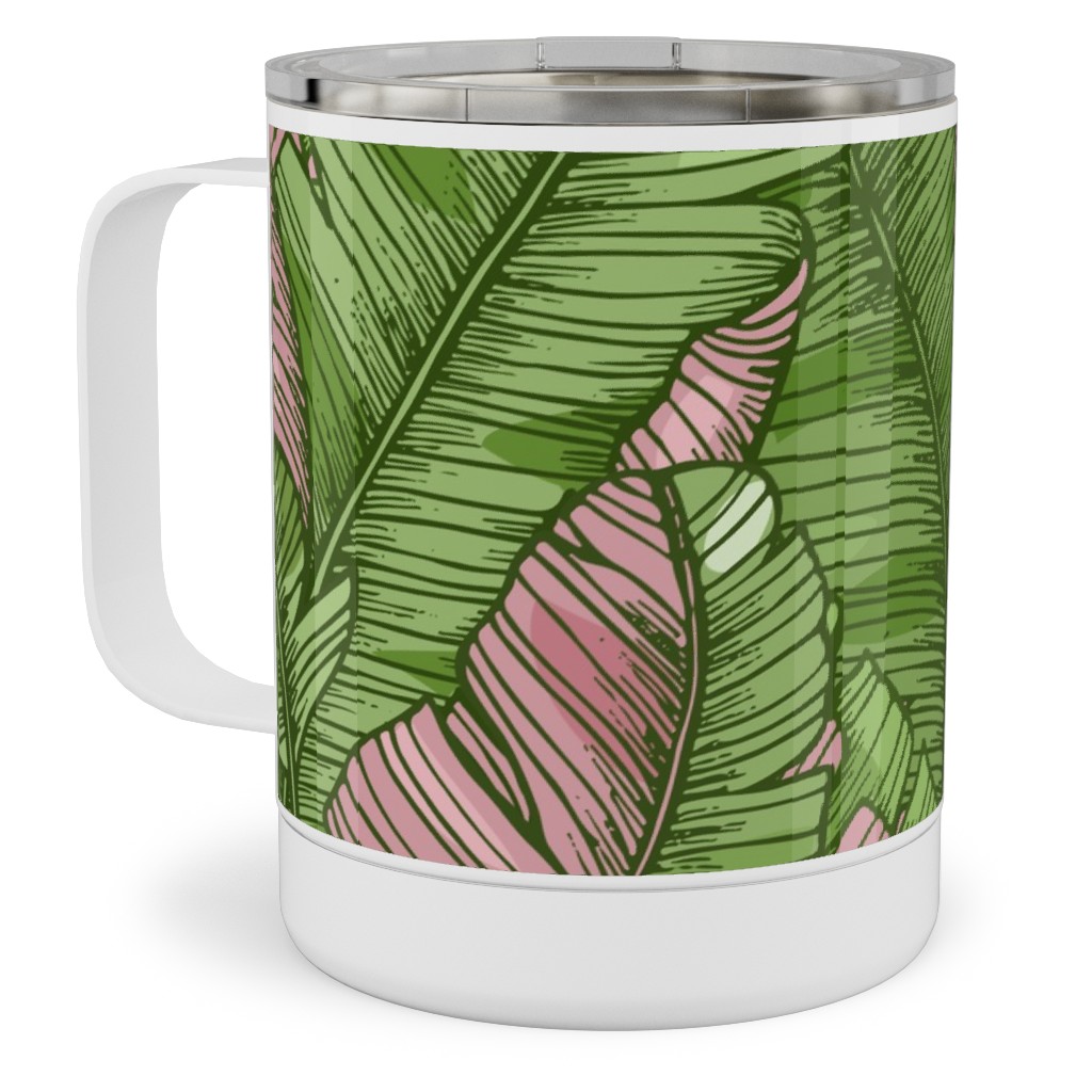 Banana Leaf - Pink Stainless Steel Mug, 10oz, Green