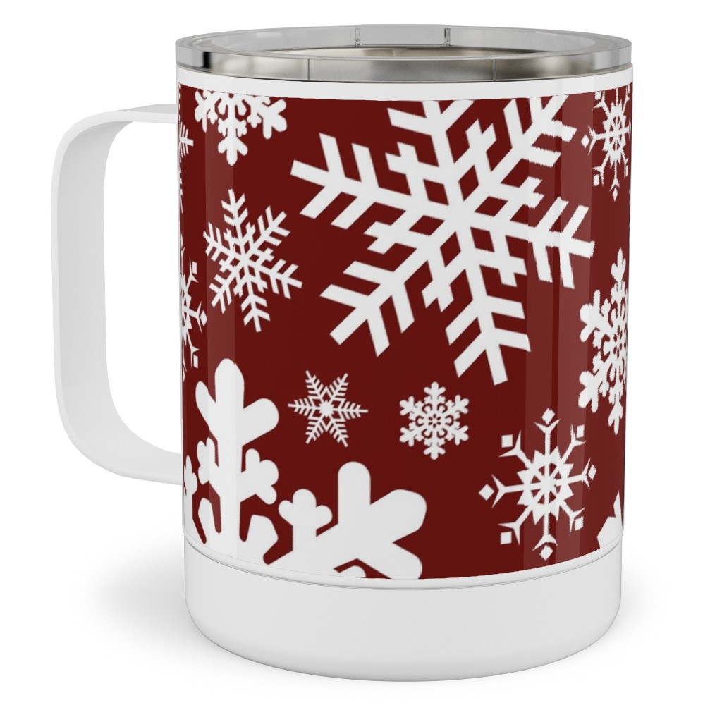 Christmas White Snowflakes on Red Background Stainless Steel Mug, 10oz, Red