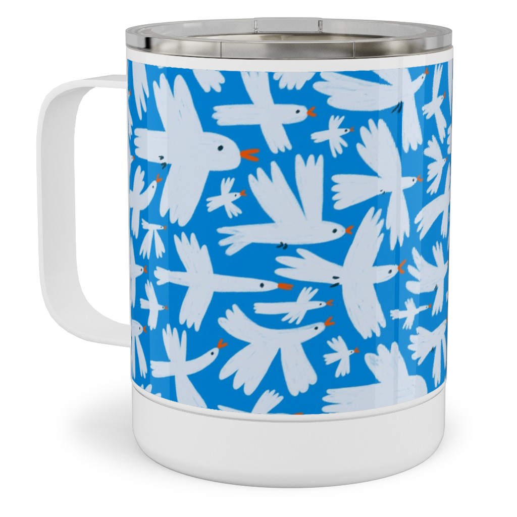 Birds - White on Blue Stainless Steel Mug, 10oz, Blue