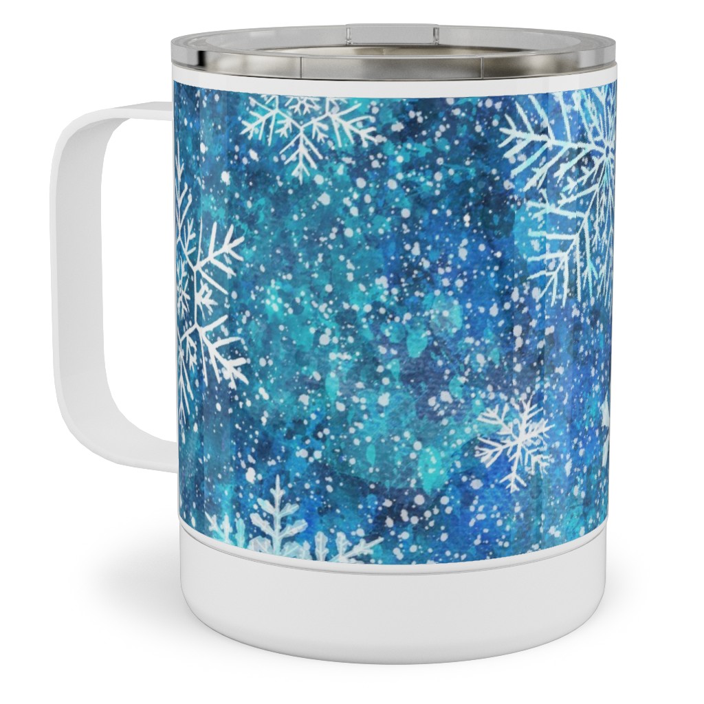 Whinsical Snowflakes Handpainted With Watercolors - Blue Stainless Steel Mug, 10oz, Blue