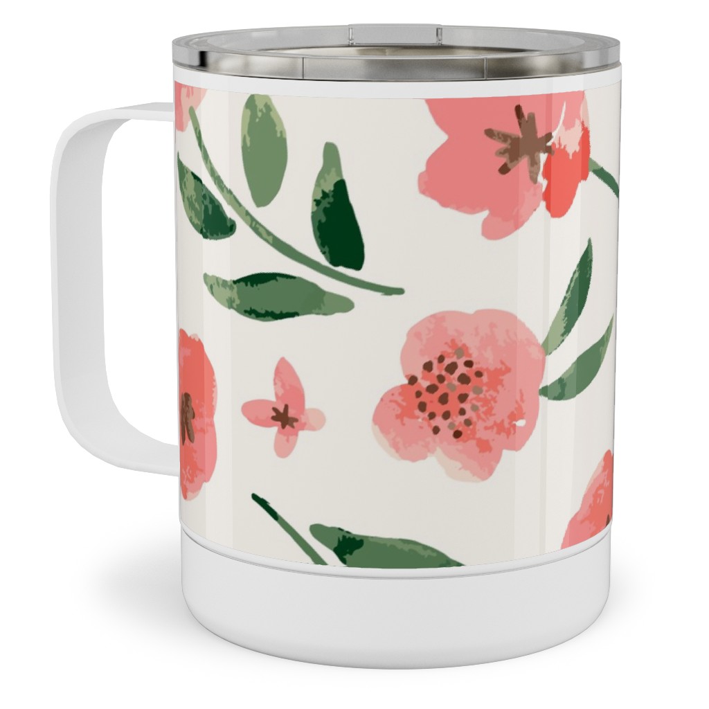 Scattered Watercolor Spring Flowers Stainless Steel Mug, 10oz, Pink, Bright Pink