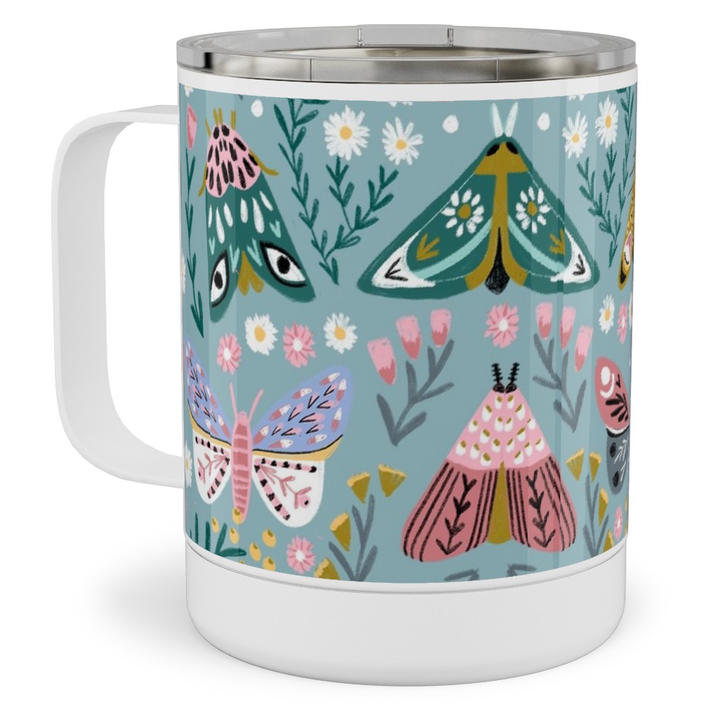 Spring Floral and Butterflies - Blue Stainless Steel Mug, 10oz, Multicolor