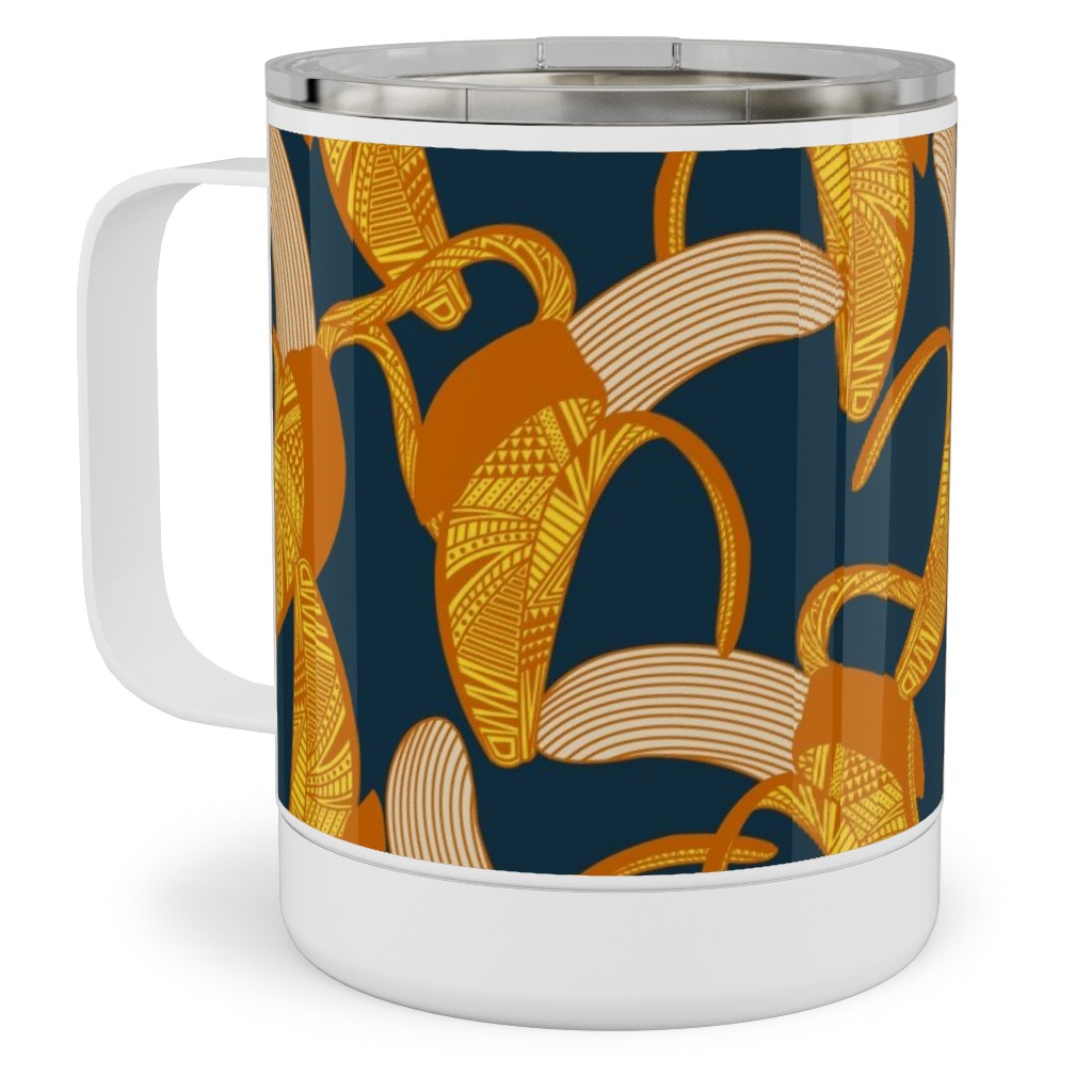 Peeled Banana - Yellow on Navy Stainless Steel Mug, 10oz, Yellow, Classic Yellow