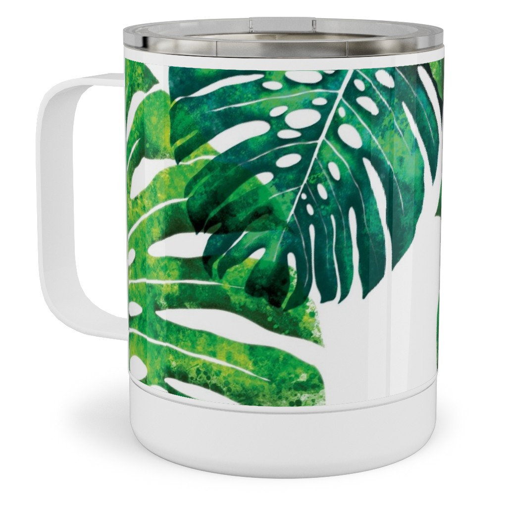 Monstera Leaves - Green on White Stainless Steel Mug, 10oz, Green, Classic Green