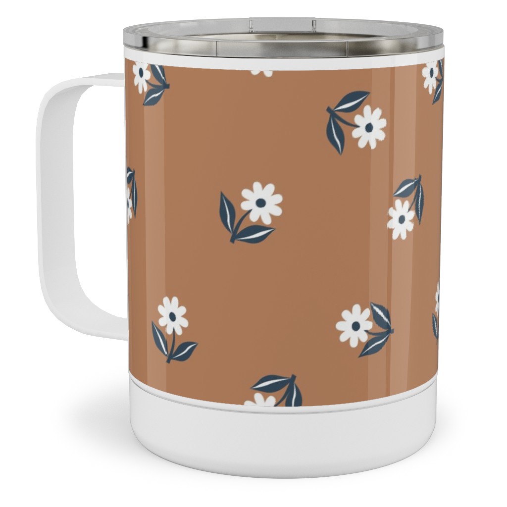Romantic Boho Daisy Flowers - Scandinavian Print - Caramel Brown Blue Stainless Steel Mug, 10oz, Orange, Orange