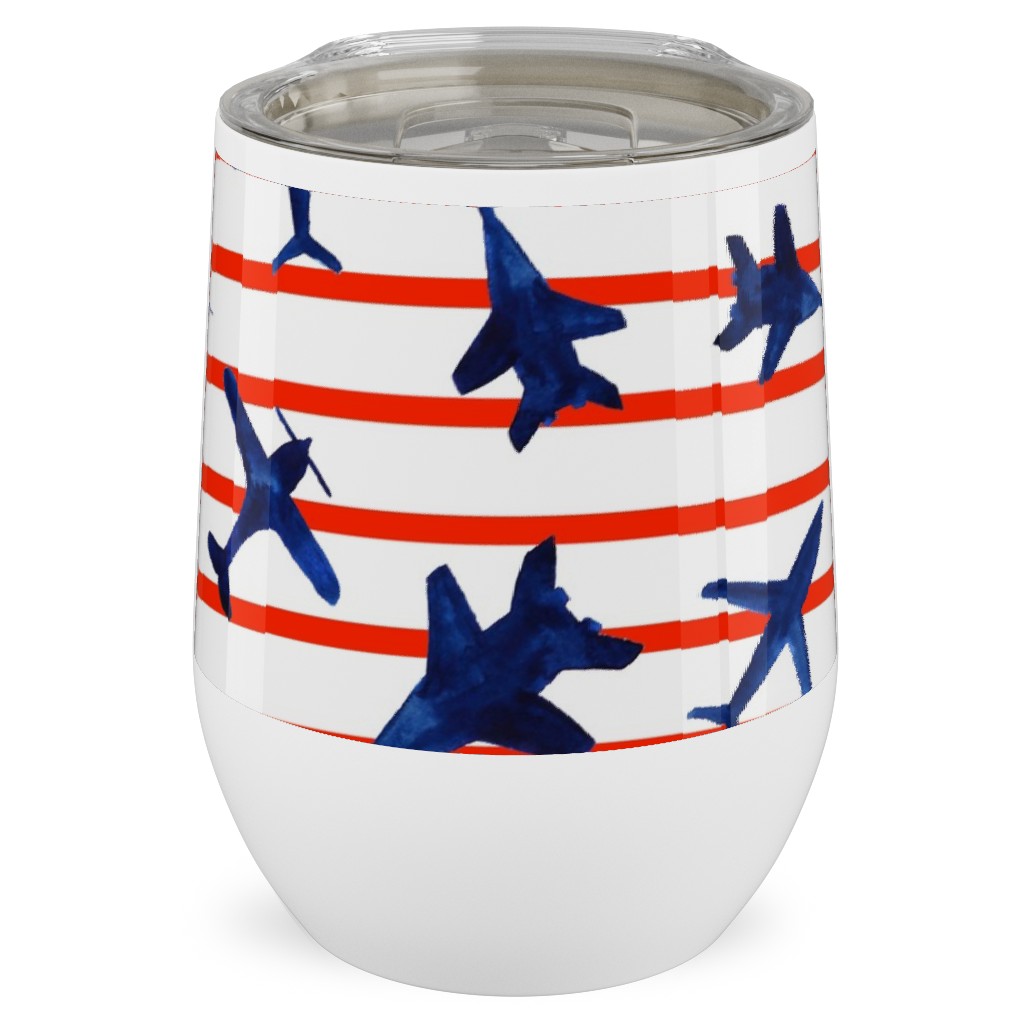 Patriotic Airplanes Watercolor - Blue With Red Stripes Stainless Steel Travel Tumbler, 12oz, Blue, True Blue
