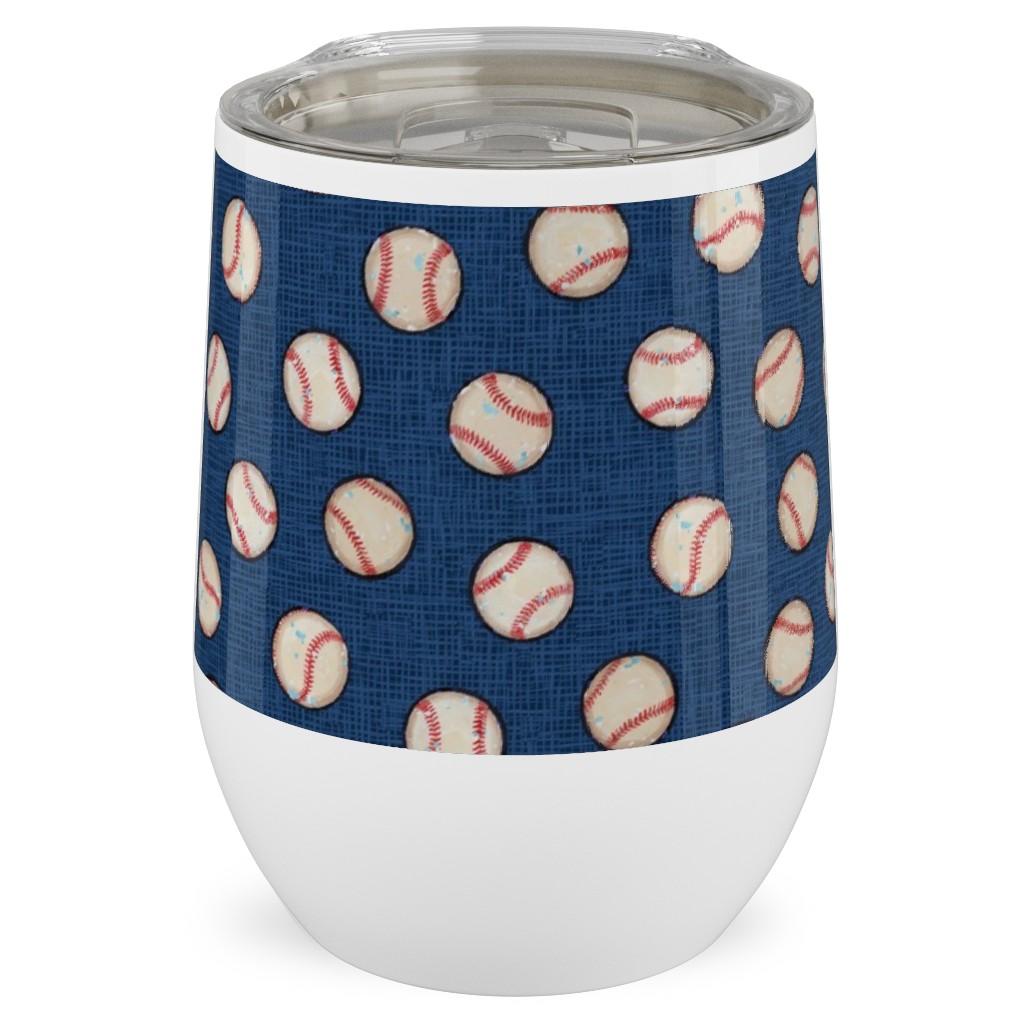 Baseball Balls on Blue Linen Stainless Steel Travel Tumbler, 12oz, Blue