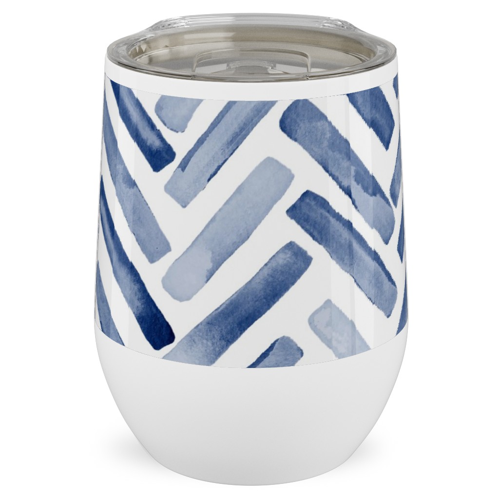 Painted Chevron Herringbone Stainless Steel Travel Tumbler, 12oz, Blue, Ultramarine