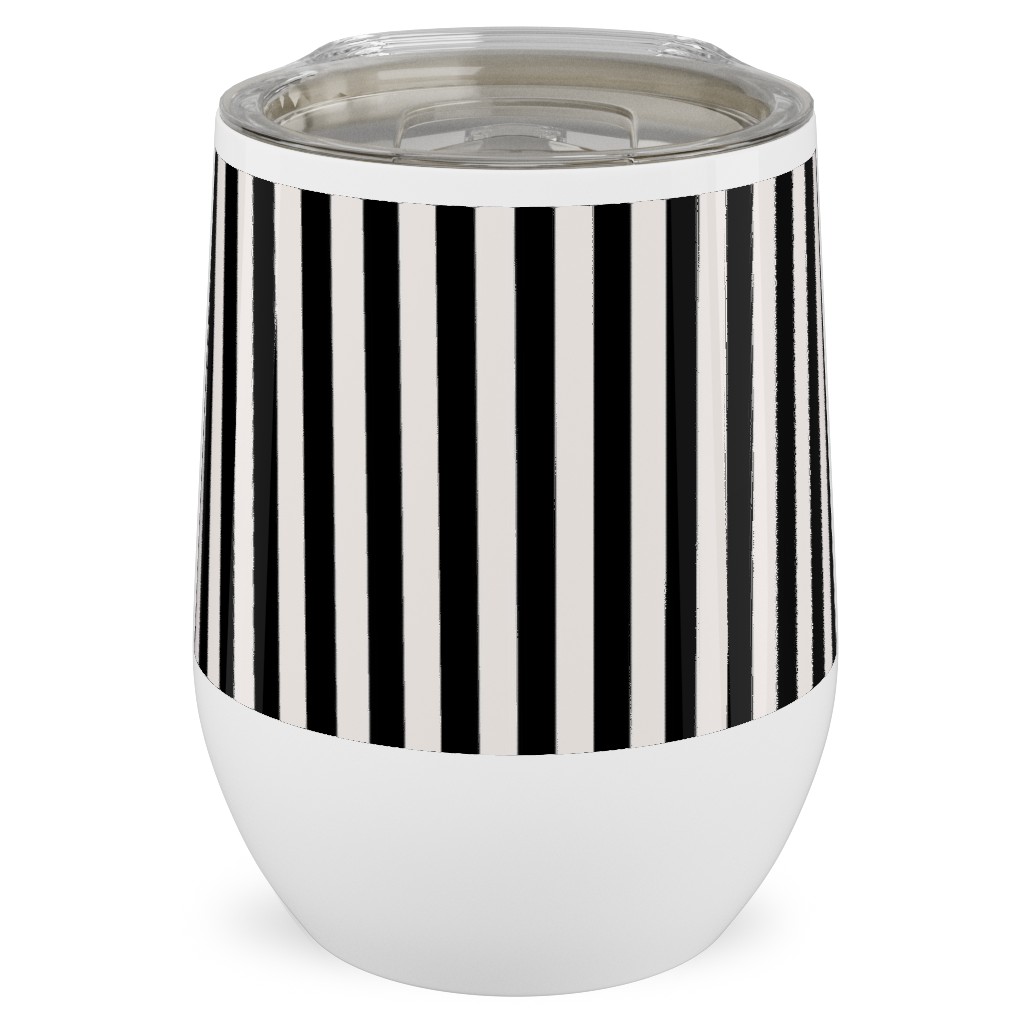 Basic Stripe - Black and Cream Stainless Steel Travel Tumbler, 12oz, Black