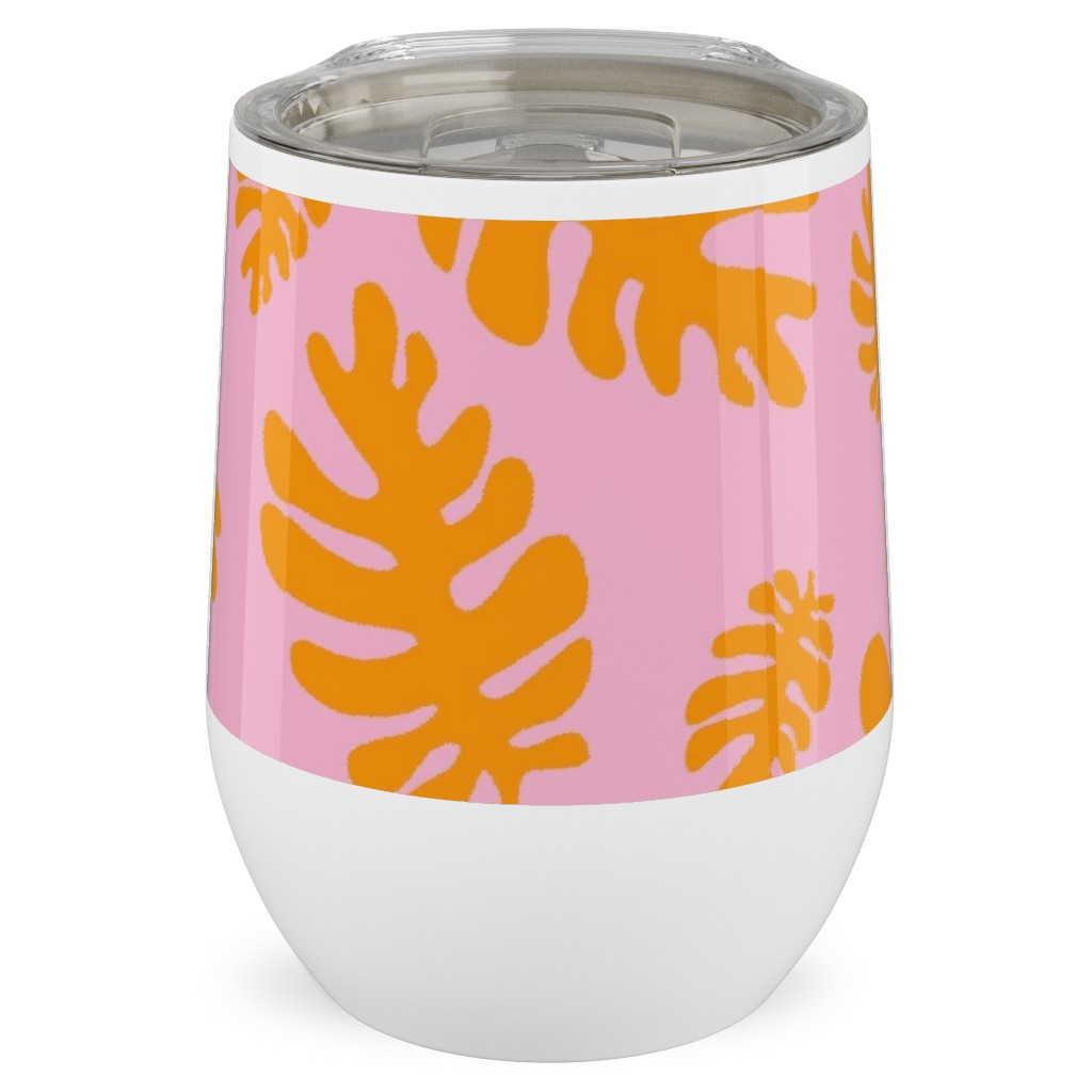 Funky Tropical Leaf - Orange and Blush Stainless Steel Travel Tumbler, 12oz, Pink, Bright Pink