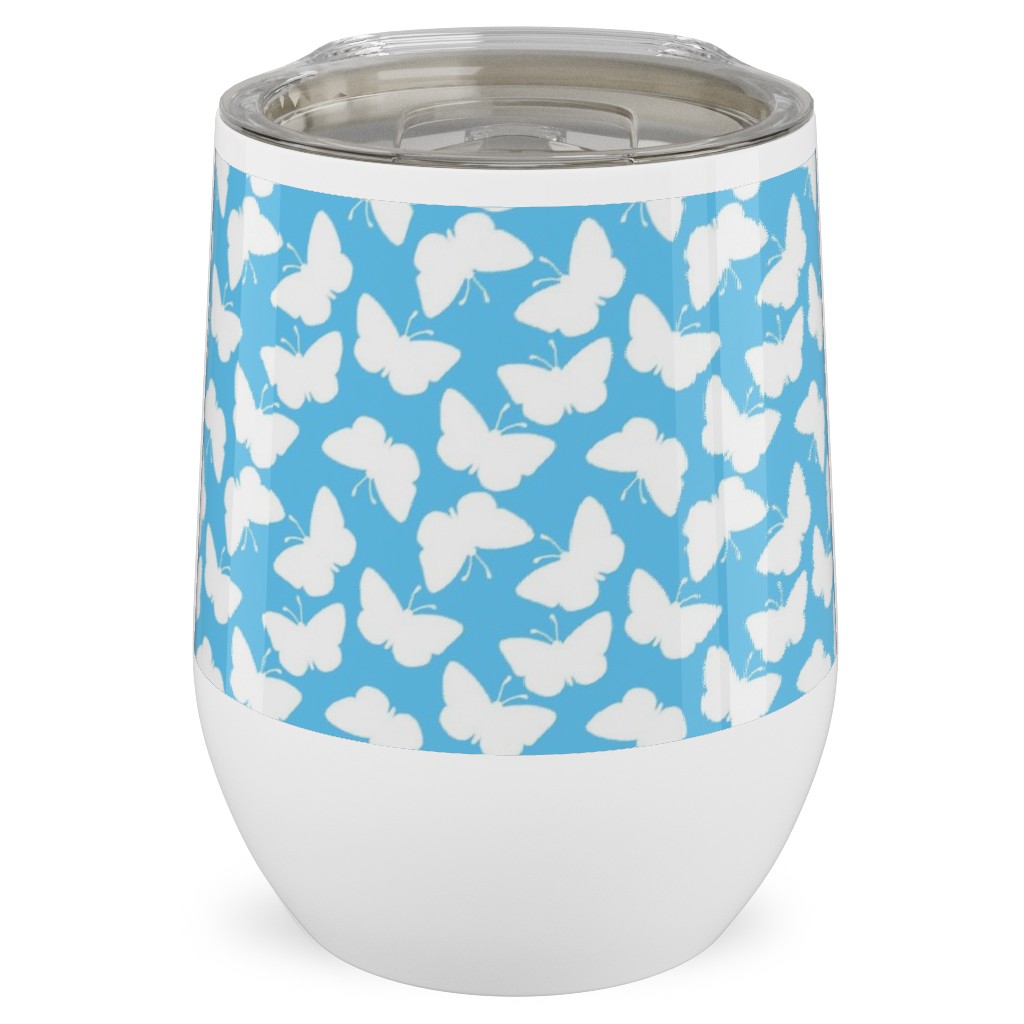 Butterflies - White on Blue Stainless Steel Travel Tumbler, 12oz, Blue