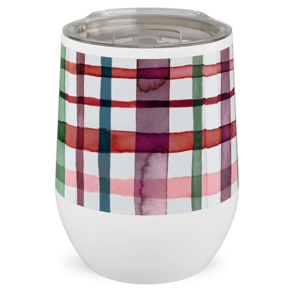 Watercolor Gingham - Red and Green Stainless Steel Travel Tumbler, 12oz, Multicolor