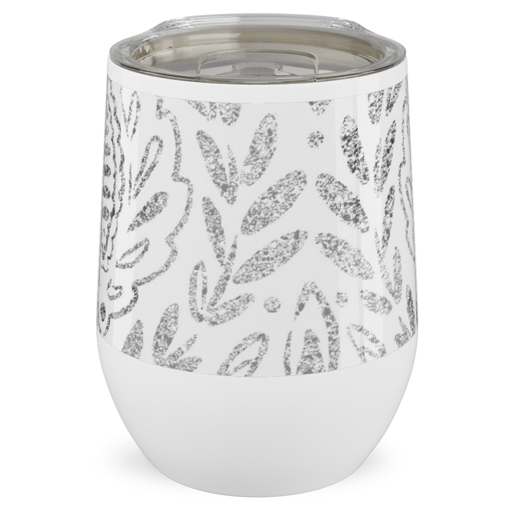 Distressed Damask Leaves - Grey Stainless Steel Travel Tumbler, 12oz, Gray