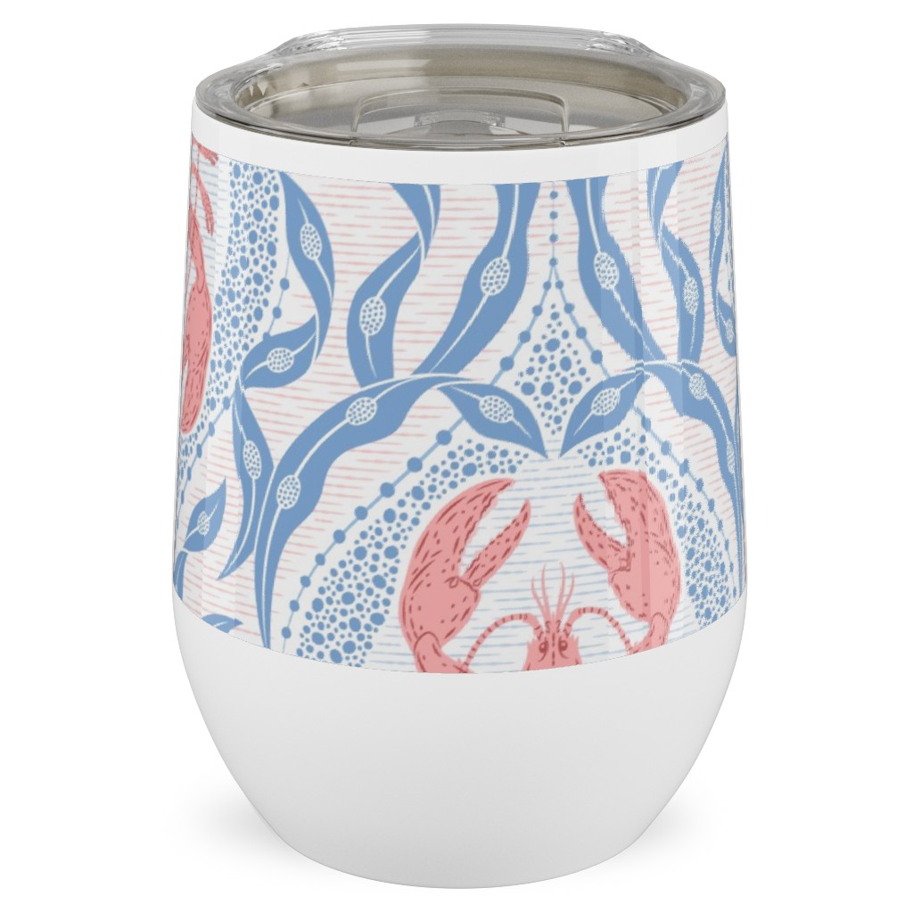 Lobster and Seaweed Nautical Damask - White, Coral Pink and Cornflower Blue Stainless Steel Travel Tumbler, 12oz, Blue, True Blue