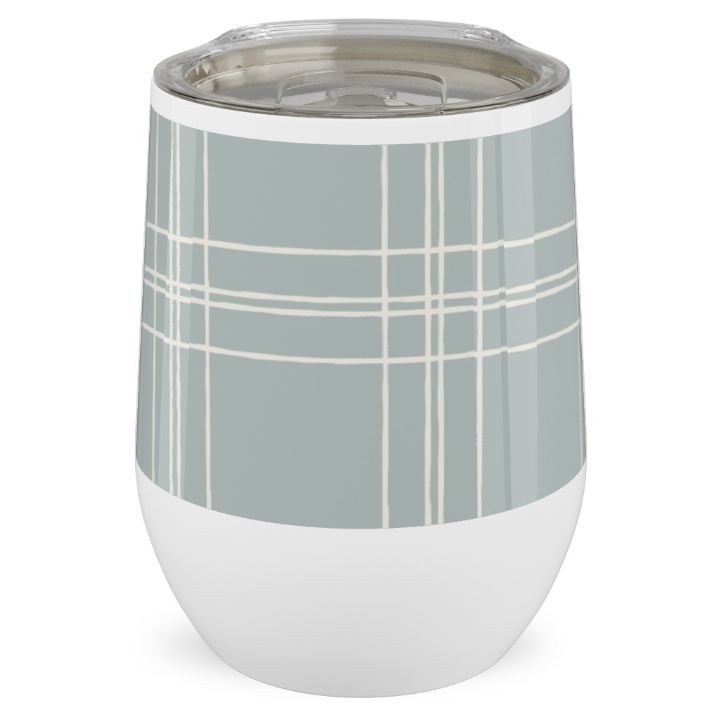 Lined Linens - Quad Plaid - Ivory, Blue Stainless Steel Travel Tumbler, 12oz, Blue, True Blue