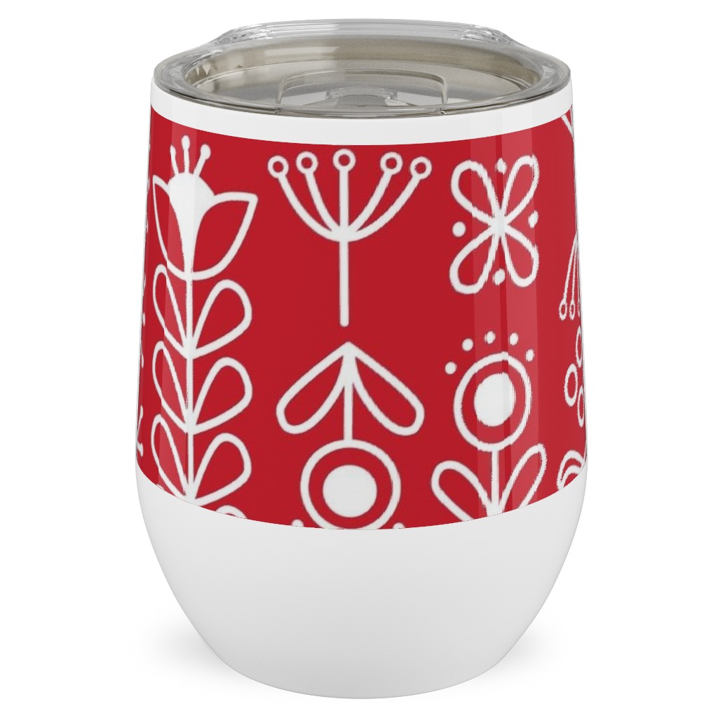 Red and White Nordic Mod Floral Stainless Steel Travel Tumbler, 12oz, Red, Red