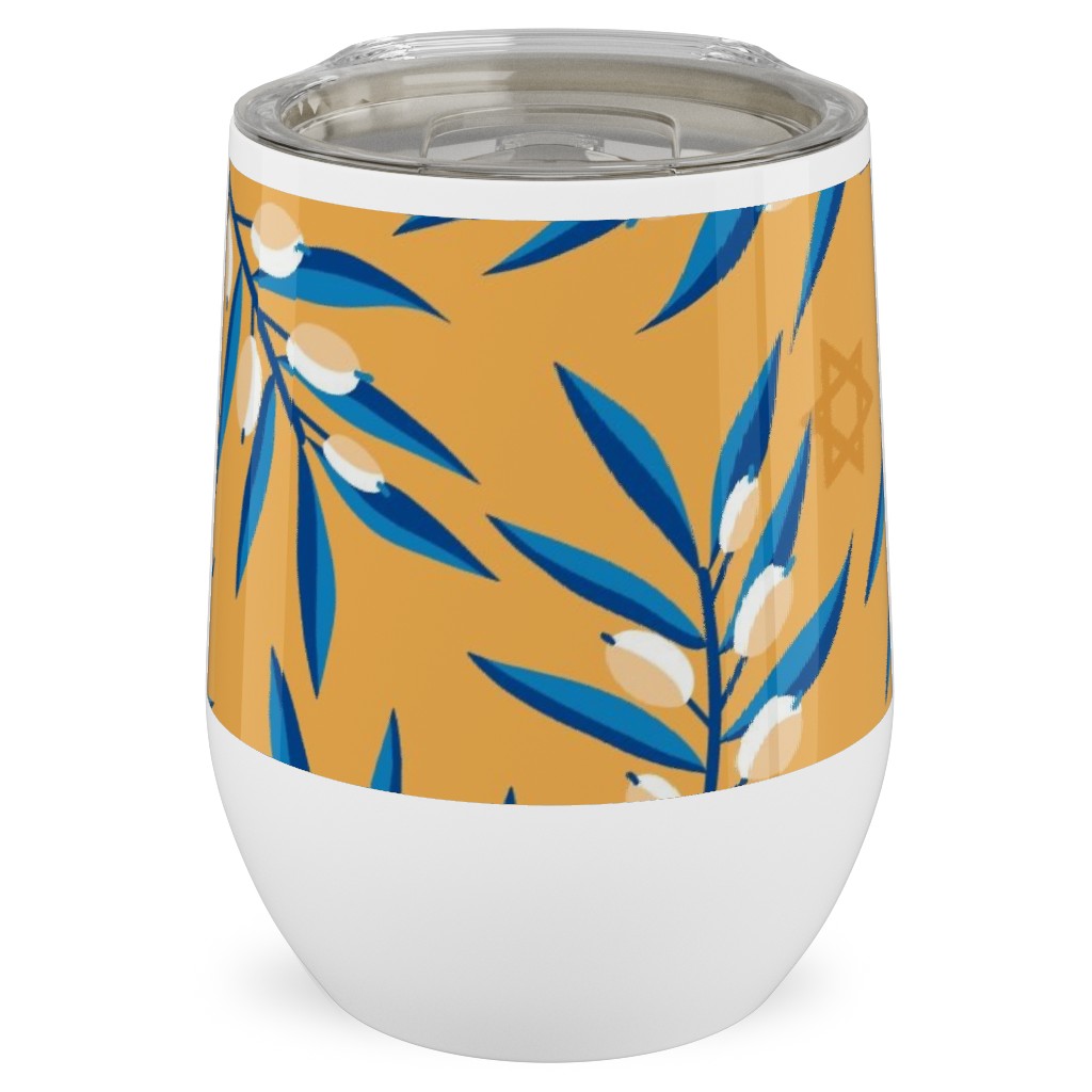 Olive Branches Hanukkah - Blue on Yellow Stainless Steel Travel Tumbler, 12oz, Yellow, Classic Yellow
