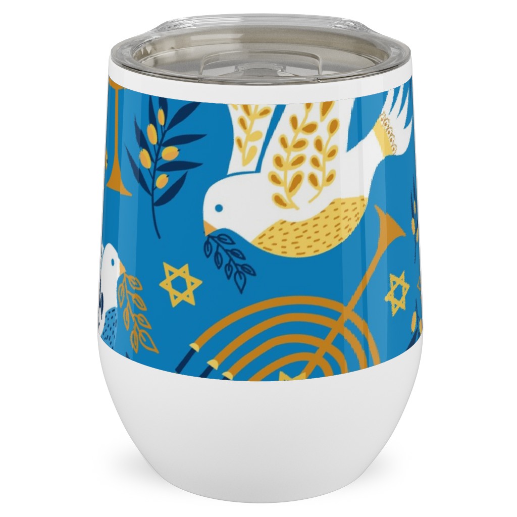 Hanukkah Birds Menorahs - Light Blue Stainless Steel Travel Tumbler, 12oz, Blue, True Blue