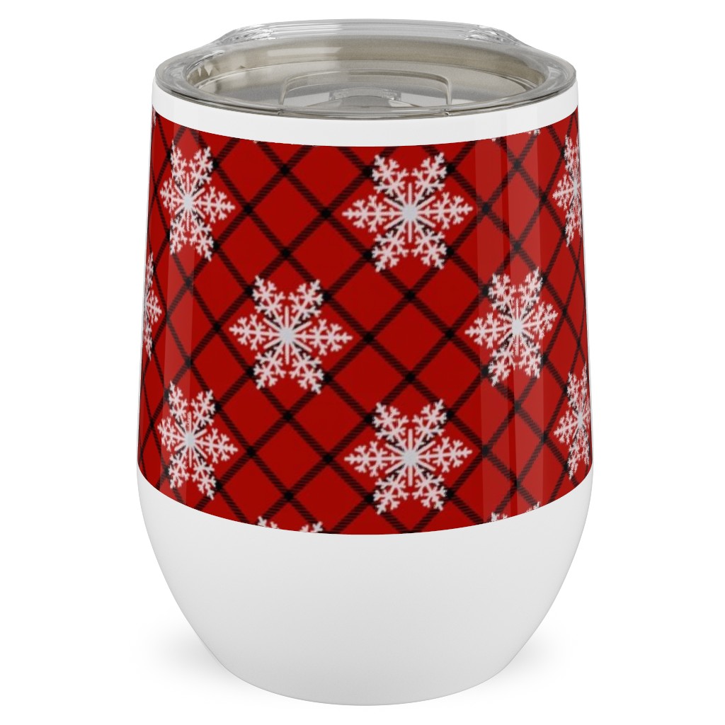 Snowy Winter Diagonal Checker Plaid - Red and Black Stainless Steel Travel Tumbler, 12oz, Red, Red