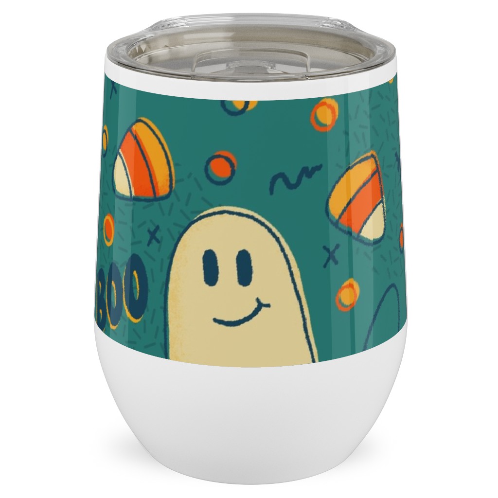 Candy Corn and Ghosts - Green Stainless Steel Travel Tumbler, 12oz, Multicolor