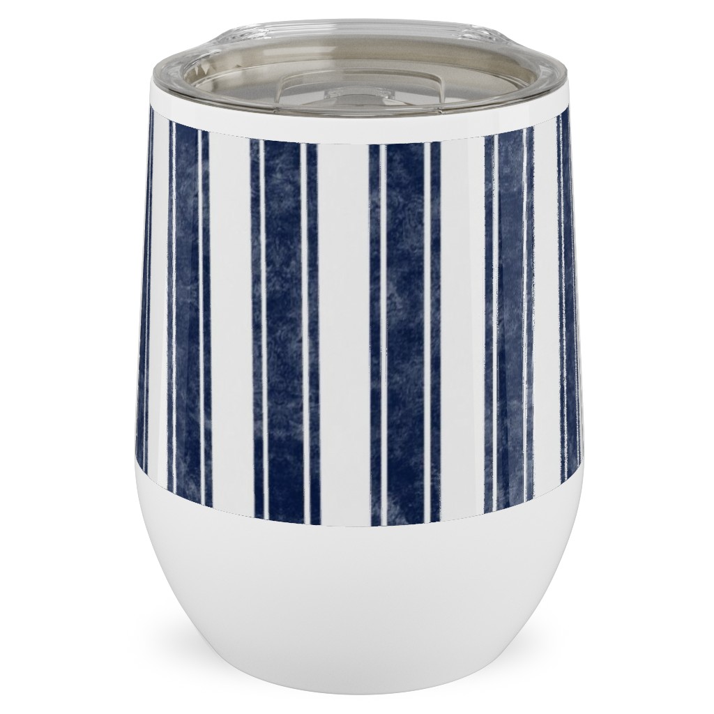 Vertical French Ticking Textured Pinstripes in Dark Midnight Navy and White Stainless Steel Travel Tumbler, 12oz, Blue, True Blue