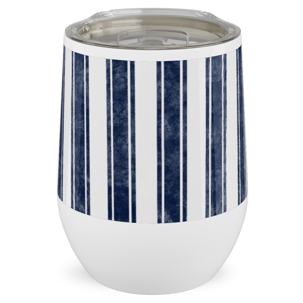 Vertical French Ticking Textured Pinstripes in Dark Midnight Navy and White Stainless Steel Travel Tumbler, 12oz, Blue