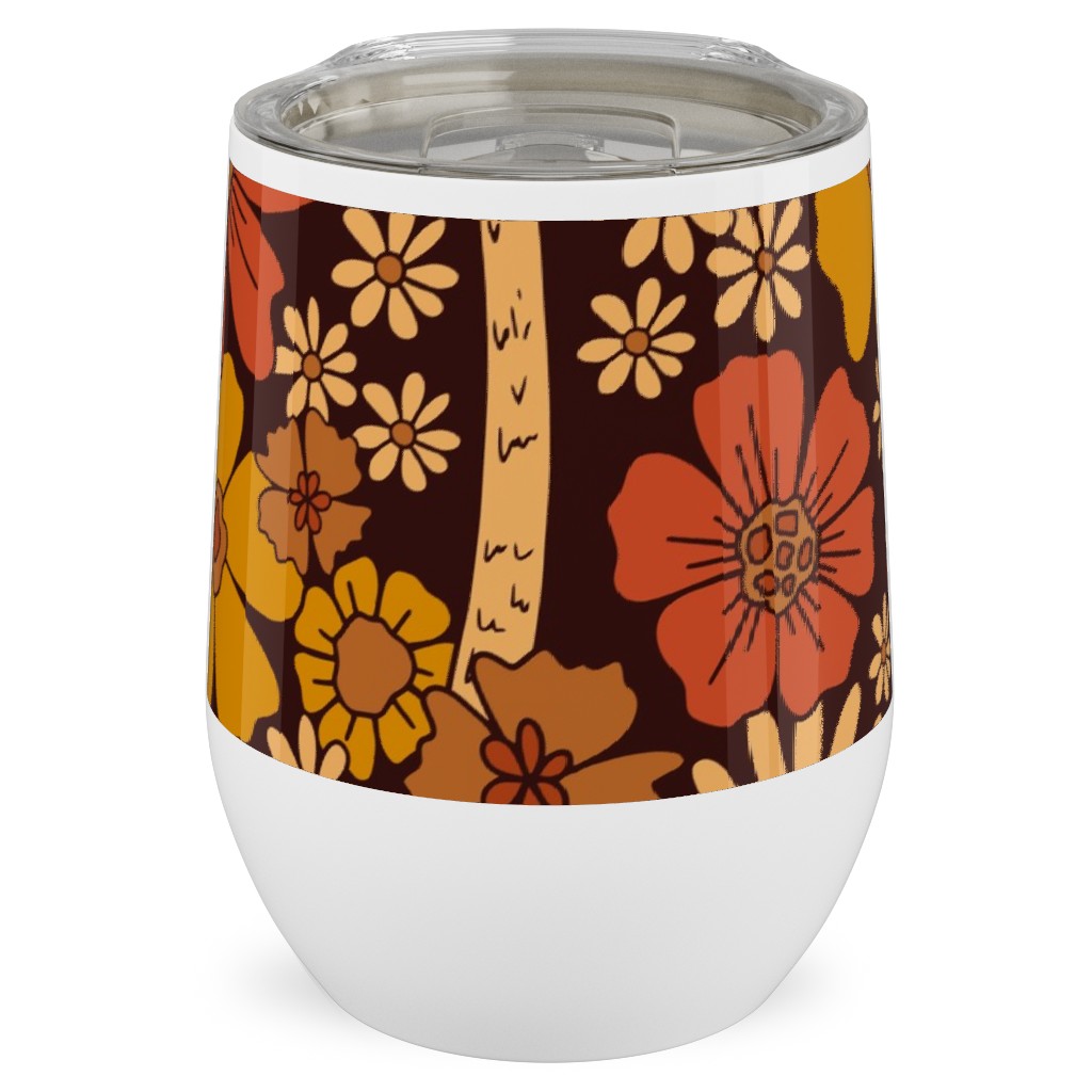 Retro 1970s Mushroom & Flowers - Brown and Orange Stainless Steel Travel Tumbler, 12oz, Orange, Orange