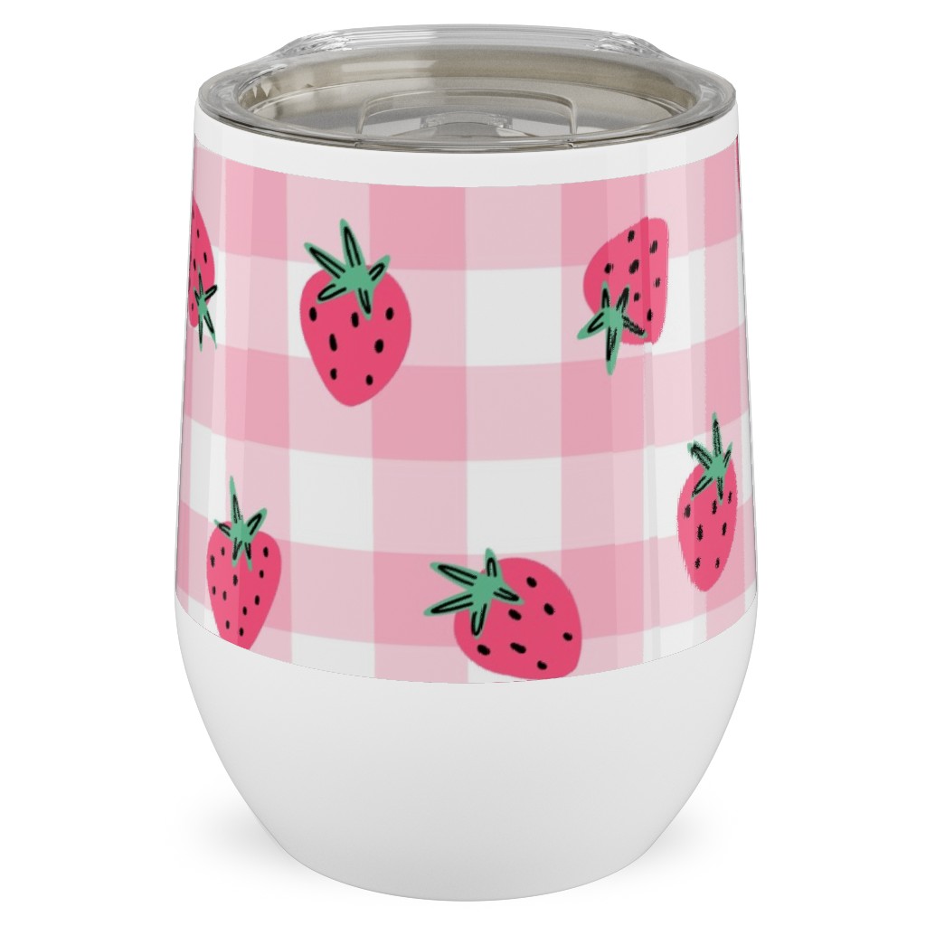 Summer Strawberry Gingham - Pink Stainless Steel Travel Tumbler, 12oz, Pink